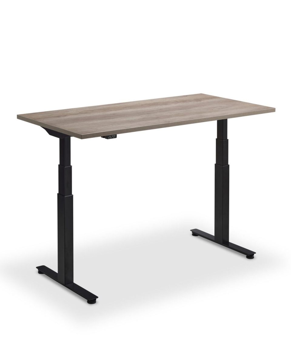 Nebraska Oak Lavoro Flyga electric height adjustable desk shown at standing height with a slim rectangular tabletop and dual lifting columns.