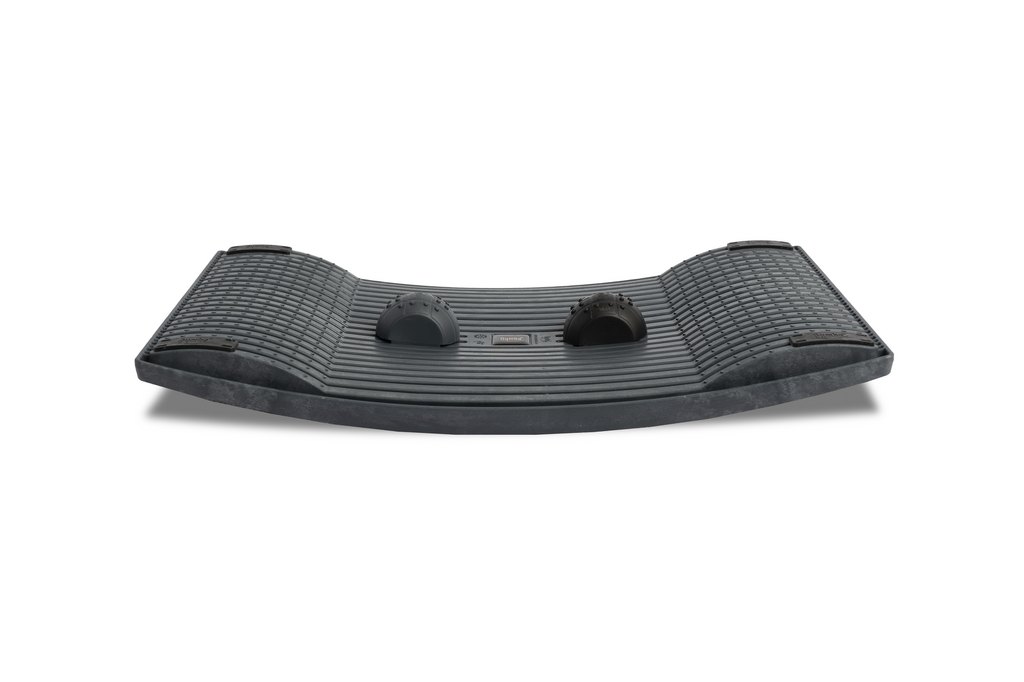 Gymba balance board shown from the front, featuring curved ergonomic base and raised balance domes for active standing at a desk.