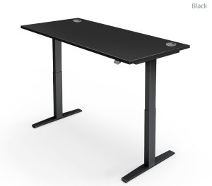 Yo-Yo Pro 2 electric sit stand desk in black with dual lifting columns and two cable ports on the desktop.