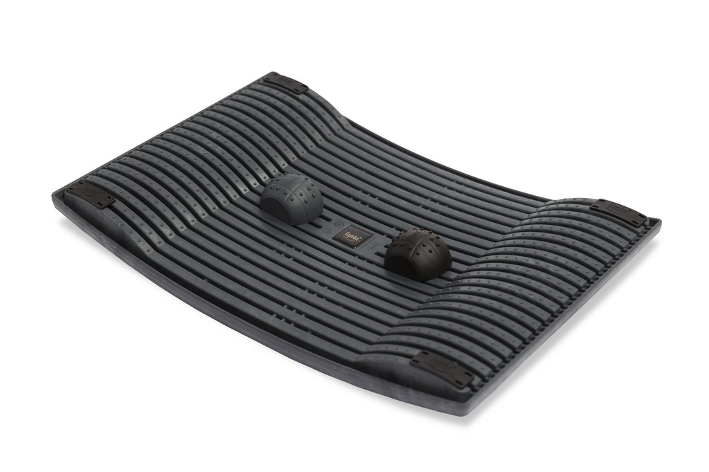 Gymba Board ergonomic balance board shown at an angle with textured surface and integrated foot massage domes for active standing
