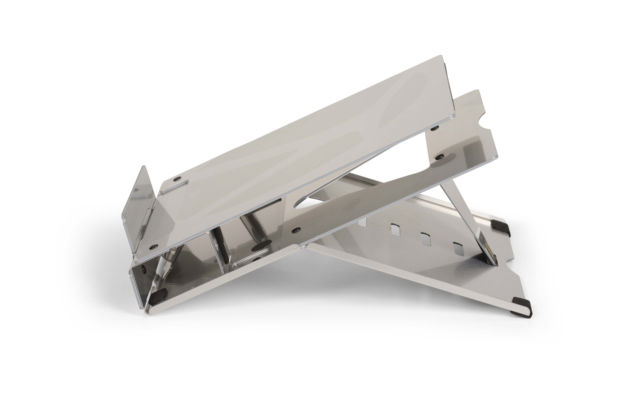 BakkerElkhuizen Ergo-Q 260 adjustable laptop stand shown in angled open position made from aluminium.
