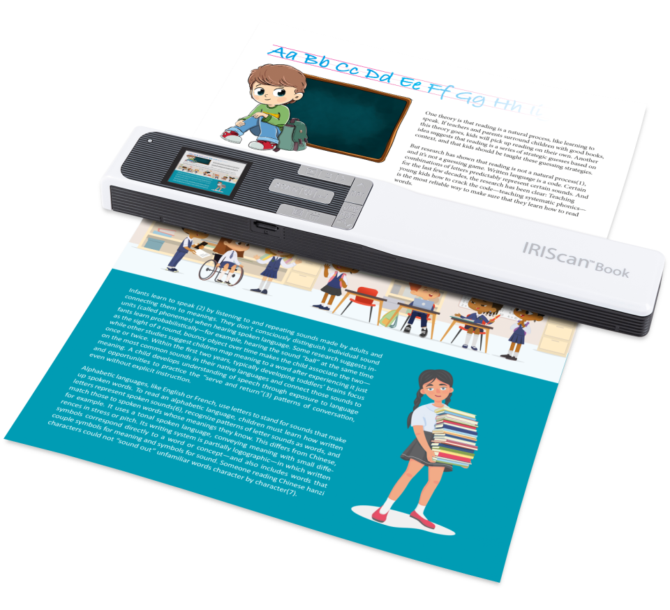 IRISScan Book device in use scanning a page of text on an educational leaflet