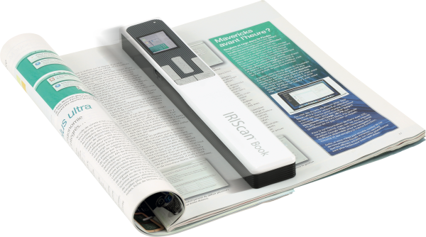 IRISScan Book device in use scanning a page of text in a magazine