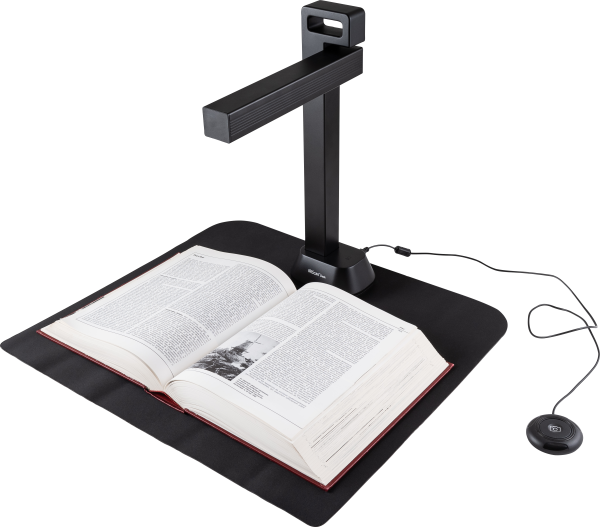 IRIScan Desk 6 Pro in use on white background scanning a book