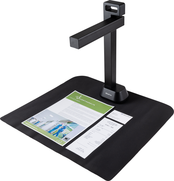 IRIScan Desk 6 Pro in use on white background scanning a leaflet