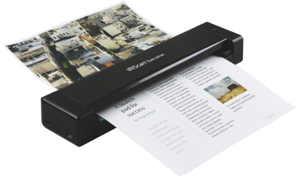 IRIScan Executive 4 device scanning a page of text and images