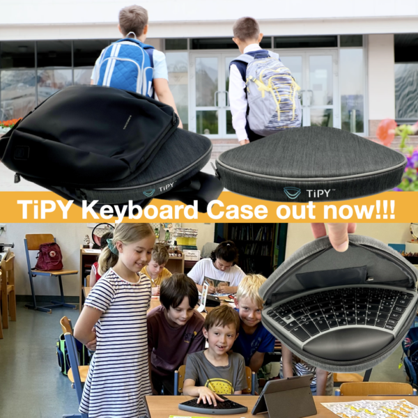 TiPY keyboard case, closed and open, in use