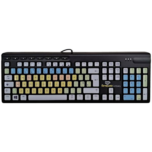 dyslexic keyboard, keys are pastel colours, well spaced, and font on keys is arial