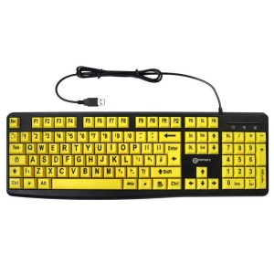 USB keyboard with yellow keys and black text. UK QWERTY layout