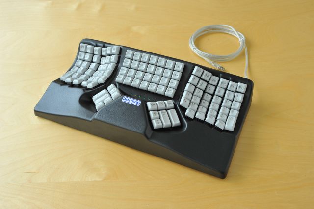 Maltron dual handed keyboard, black casing, light grey keys with black text