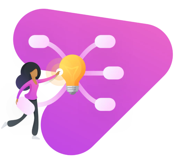 graphic of female avatar pressing a lightbulb. 4 mindmap branches appear from the lightbub. all is shown on top of a magenta, curved symbol in the shape of a 7