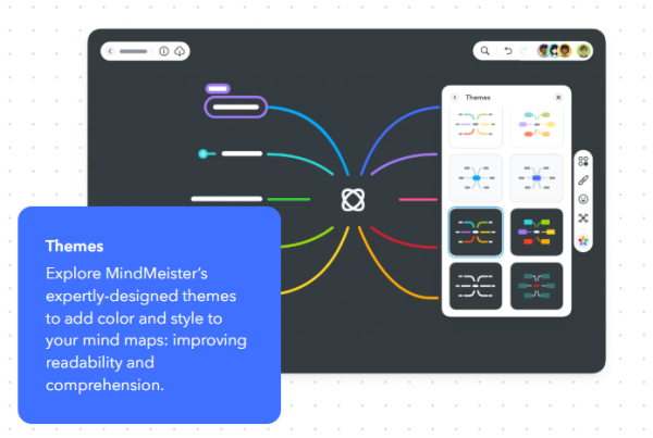 image shows a mindmap created in dark mode. branches are illuminated in various colours. Text is white on a blue popout and states "Themes. Explore MindMeister's expertly-designed themes to add colour and style to your mind maps: improving readability and comprehension.