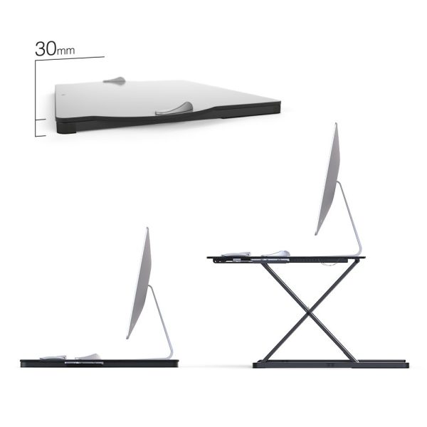 image shows a side by side view of the platform at its highest and lowest level. also shown is the thickness of the platform at its lowest level (30mm)