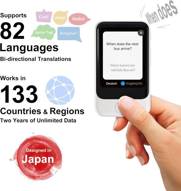 Pocketalk S device with stats on image, including 82+ languages translated