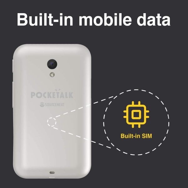 Rear of Pocketalk S device text states built-in mobile data