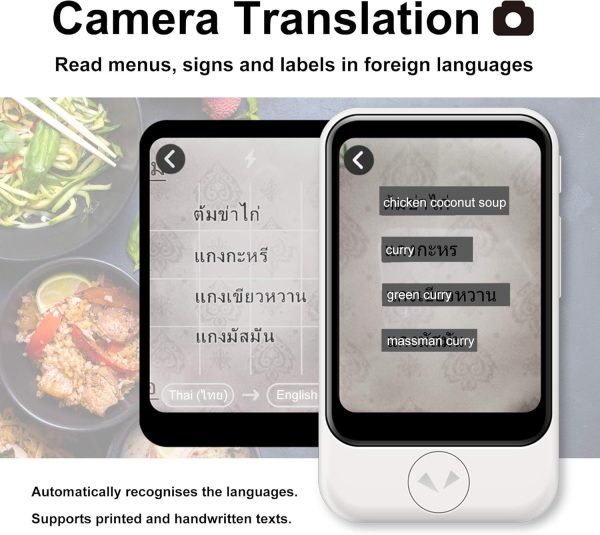 Pocketalk S device in use translating thai into english off a menu. text states automatically recognises the languages. supports printed and handwritten texts.