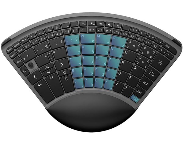 TiPY One-Handed Keyboard from above, with central keys highlighted in blue