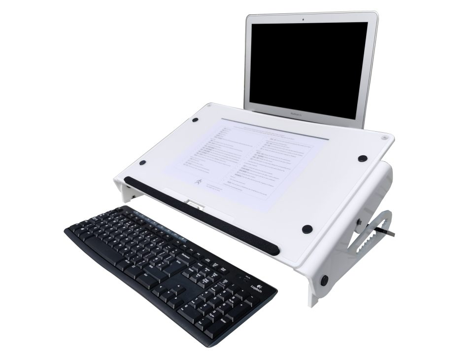 Ergonomic Café U Slope Pro with keyboard and laptop setup for ergonomic workstation use