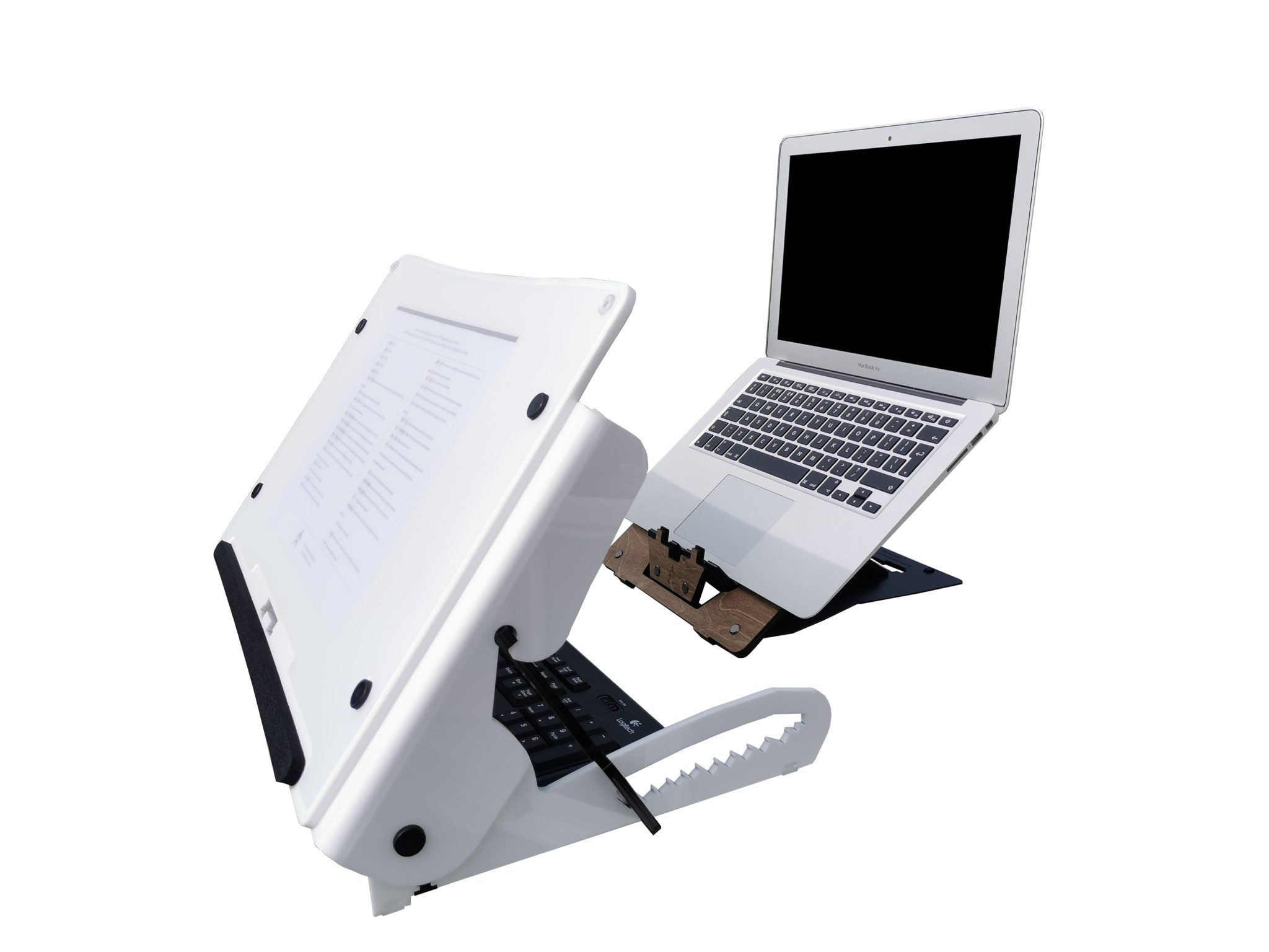 Ergonomic Café U Slope Pro side angle showing adjustable tilt with laptop behind