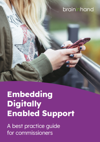 woman using her phone. lower half of image is purple, with white text that states 