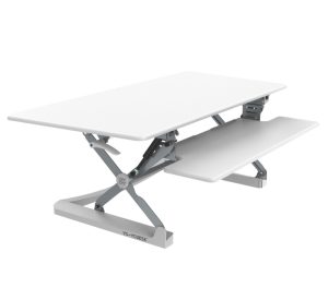 Yo-Yo DESK 120 Desk White shown in raised standing position with white desktop, white keyboard tray, and light grey scissor lift frame.
