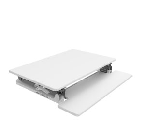Yo-Yo DESK 90 Desk White desk converter shown lowered in seated position with white desktop and extended keyboard tray.