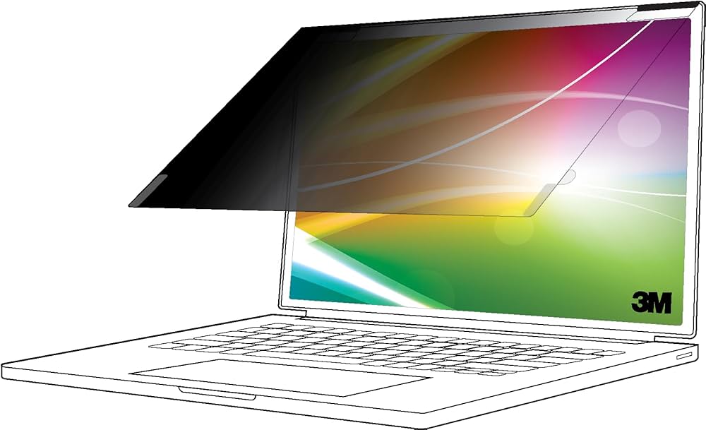 3M Bright Screen Privacy Filter for 14 inch laptop 16:9 shown on an open laptop, demonstrating privacy protection with a bright, clear front view and darkened side angle.