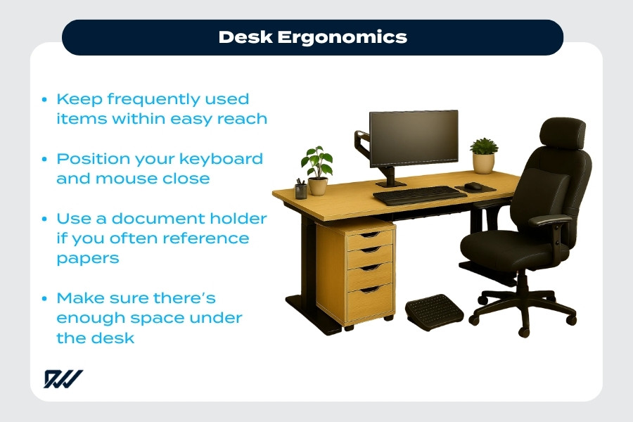 Ergonomic desk setup with chair, monitor, keyboard, and footrest arranged for comfort.
