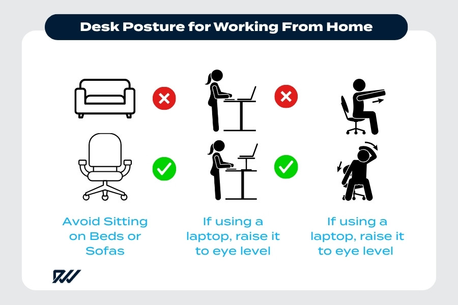 Tips for maintaining healthy desk posture when working from home.