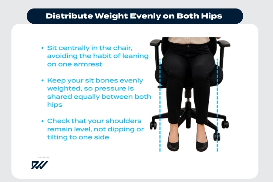 Person sitting centrally in an office chair with hips evenly balanced.