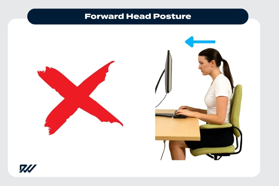 Woman sitting at a desk with forward head posture while using a computer.