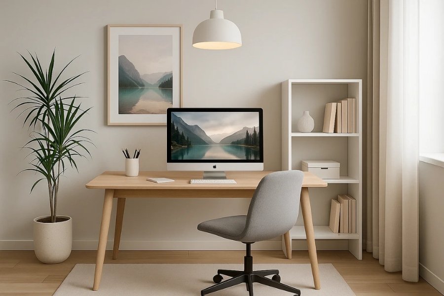 Minimal home office with desk, computer, and office ambient lighting from pendant lamp.