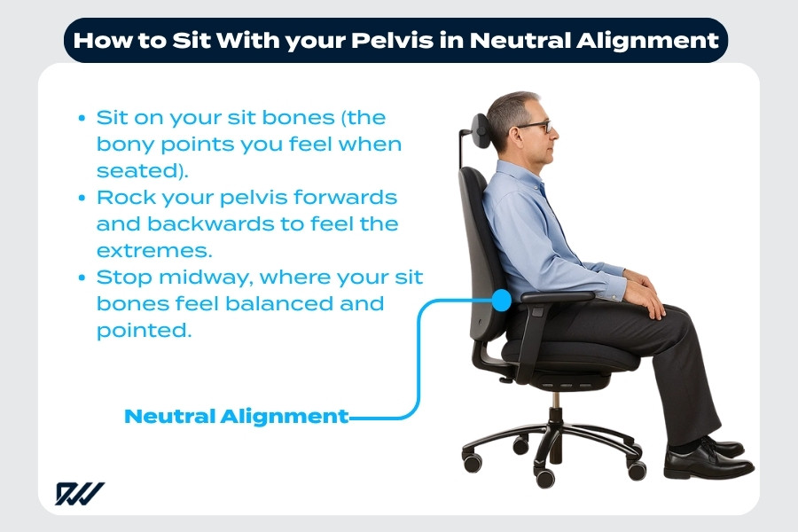 Man sitting upright in an office chair demonstrating neutral pelvic alignment infographic