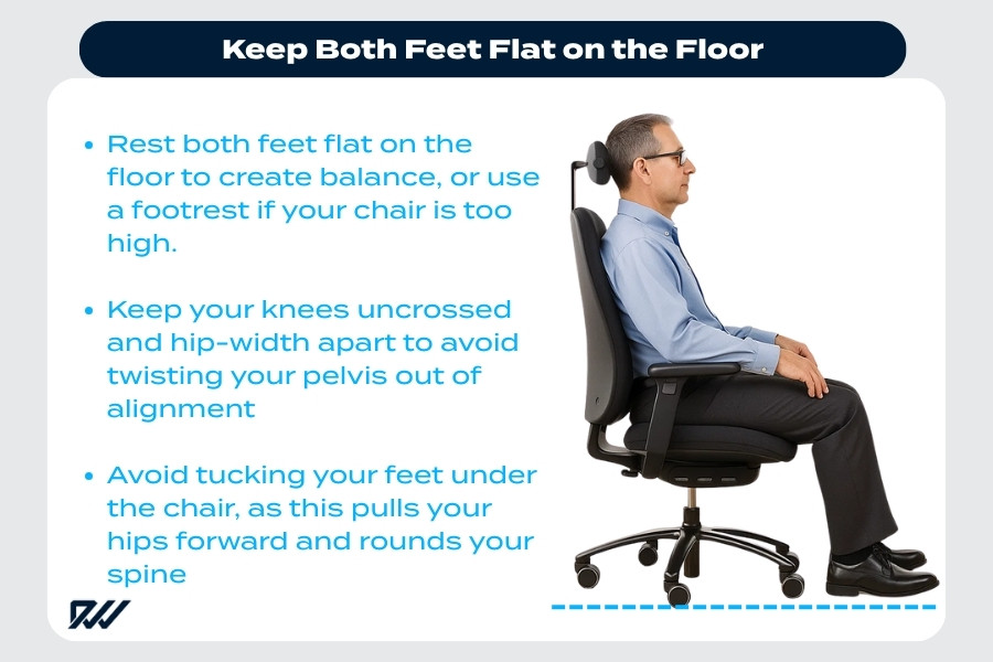 Man sitting in an office chair with both feet flat on the floor.