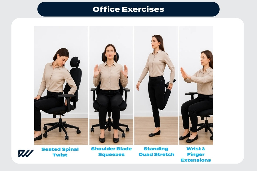 Office worker demonstrating seated and standing desk exercises.