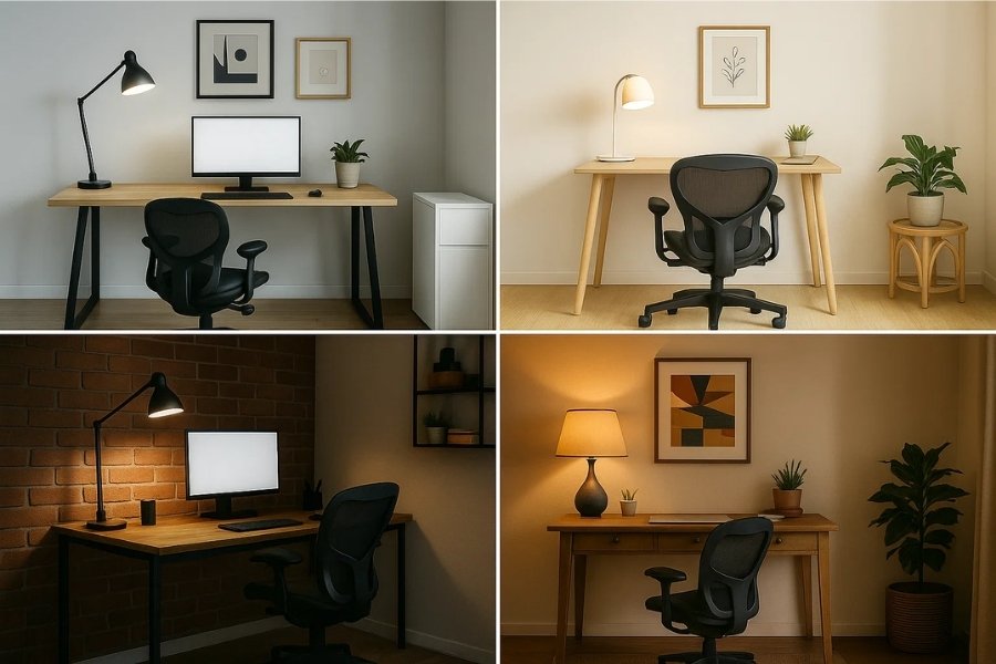 Four examples of small home office lighting with desk lamps and table lamps.