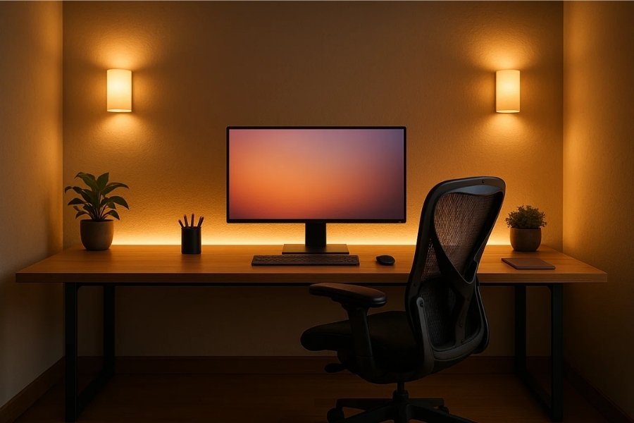 Home office desk with monitor, ergonomic chair, and accent lighting.