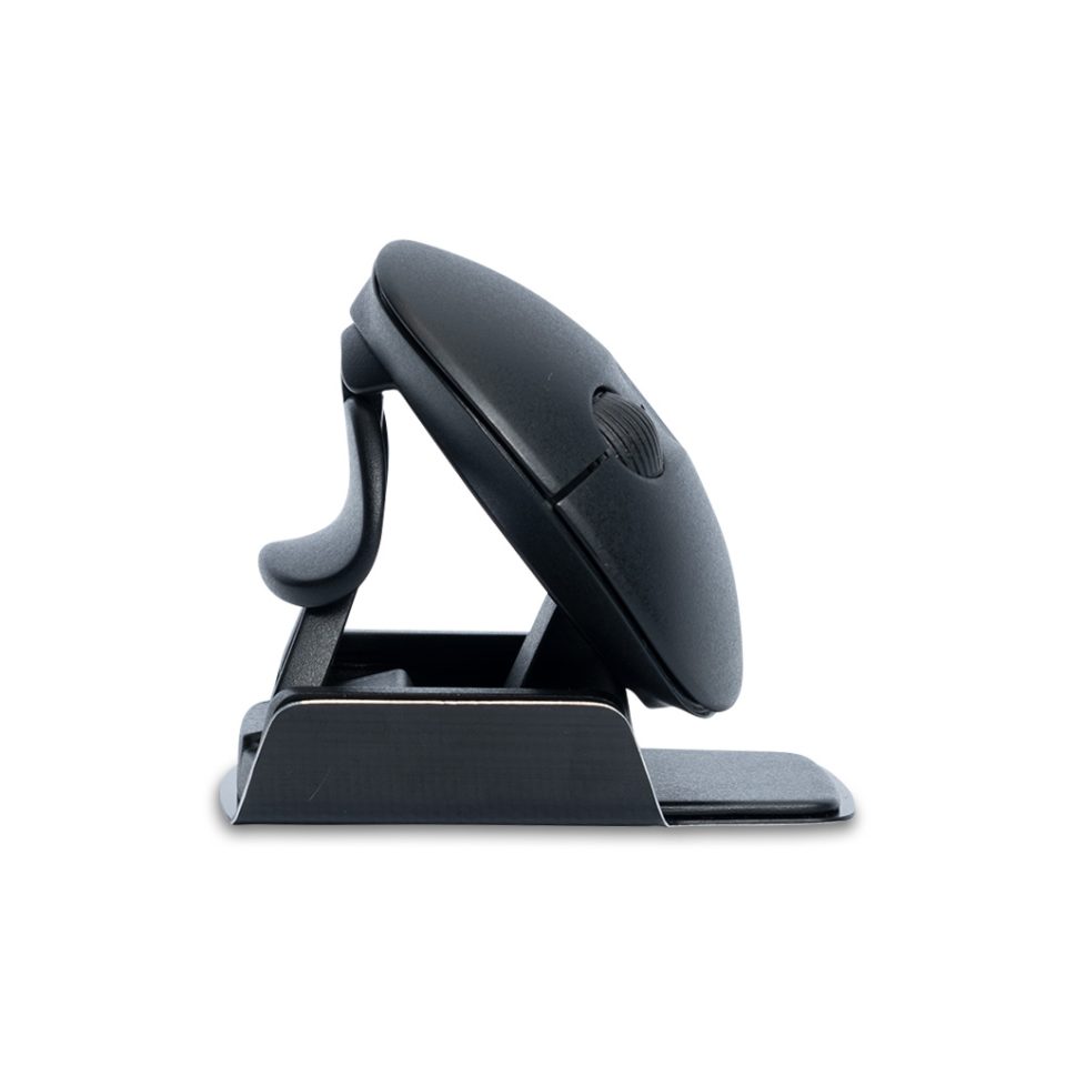 Front profile of the R Go Twister ergonomic vertical mouse showing its elevated angled design, curved hand support, and stable base, designed to promote a neutral wrist posture and reduce forearm strain.