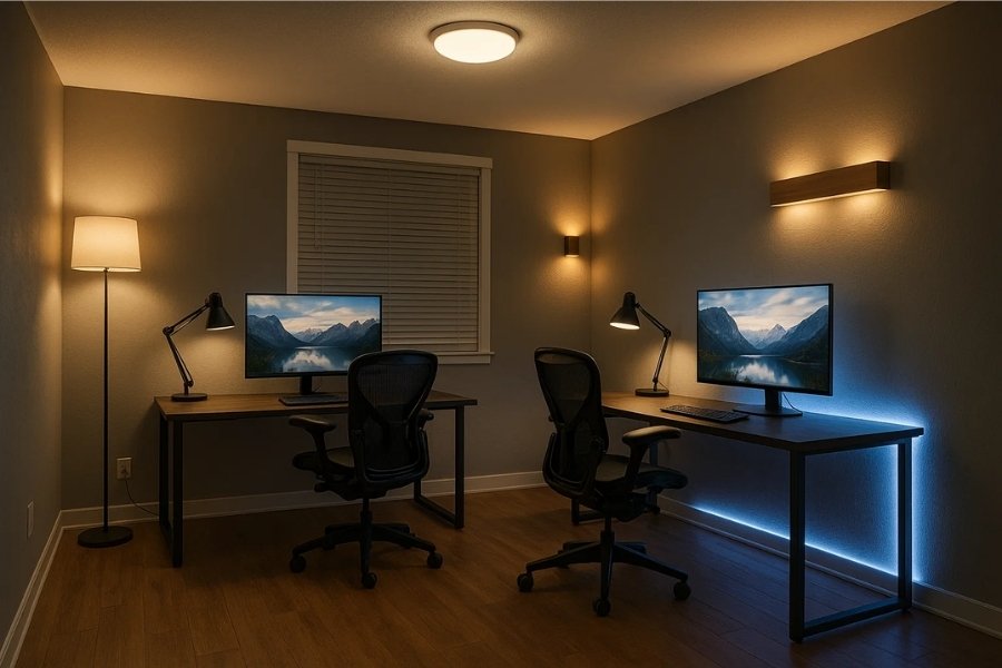 Large shared home office with dual desks and layered lighting setup.