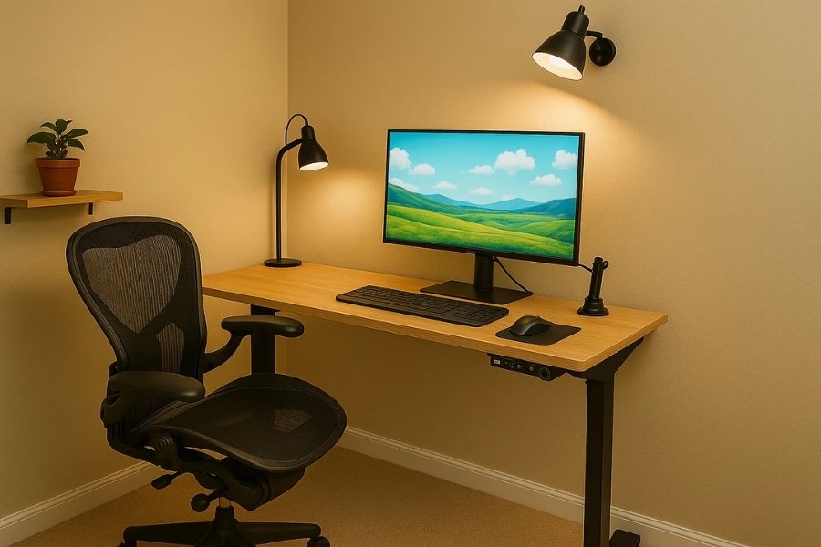 Small home office lighting with desk and wall lamps illuminating a compact workspace.