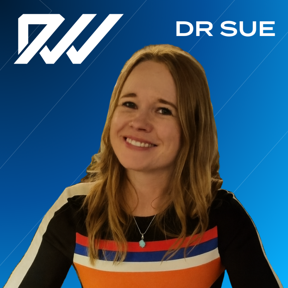 Smiling woman with long hair wearing a striped top, in front of a blue background with the initials “RW” and text reading “Dr Sue