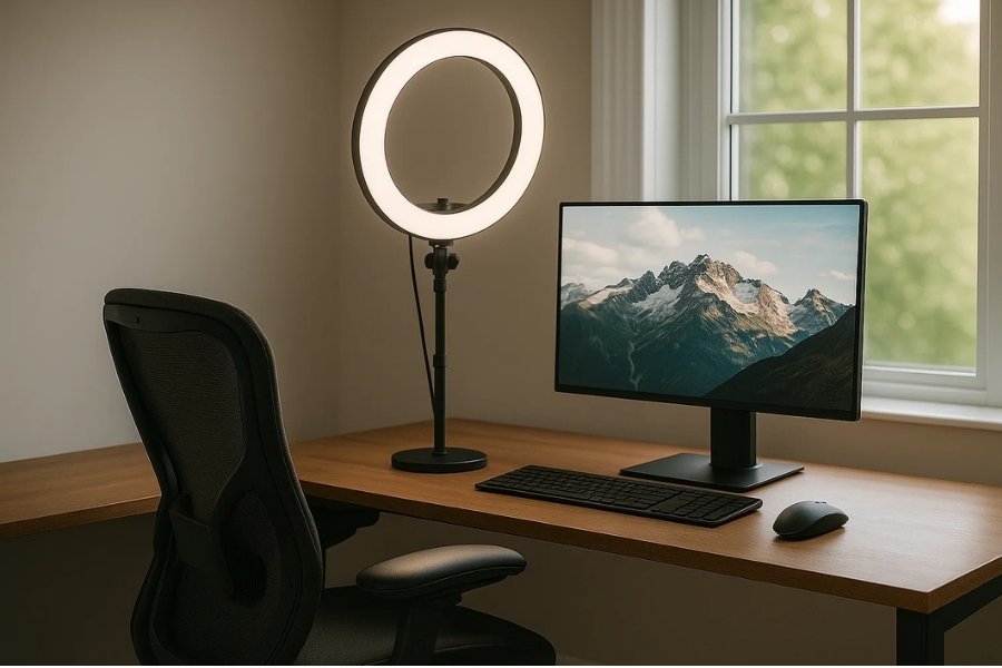 Home office desk with monitor and ring light for video call lighting.