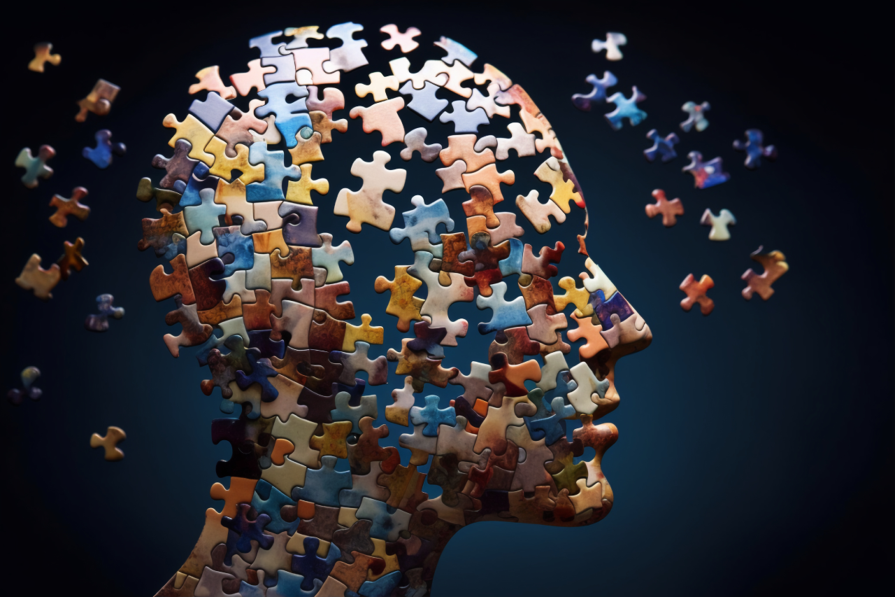 Artistic image of a human head made of colourful jigsaw puzzle pieces, with some pieces floating away, symbolising cognitive processing or complexity of the mind
