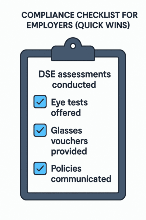 Infographic titled “Compliance Checklist for Employers (Quick Wins)” showing a clipboard with ticked items for DSE assessments, eye tests, glasses vouchers, and policy communication.
