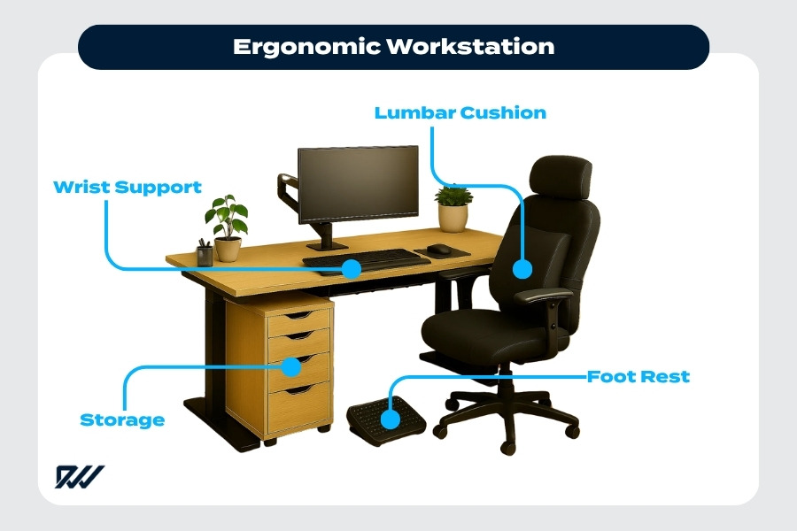 Ergonomic workstation setup showing desk with wrist support, lumbar cushion, foot rest and organised storage for healthy posture and comfort.