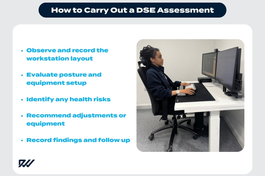 Office worker sitting at an ergonomic workstation during a DSE assessment, with guidance on evaluating posture, workstation layout and equipment setup.