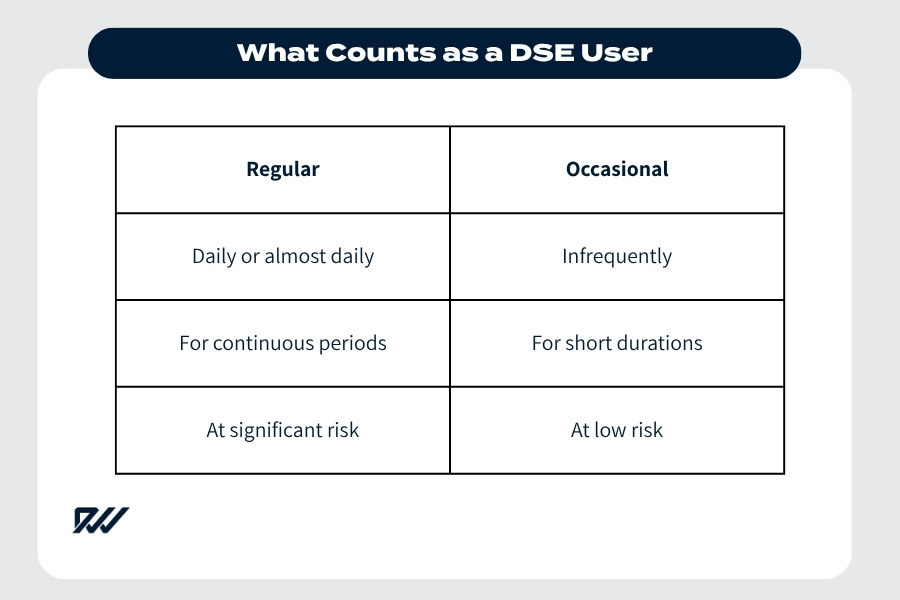 Table explaining what counts as a DSE user, comparing regular and occasional computer users based on frequency, duration and level of risk.