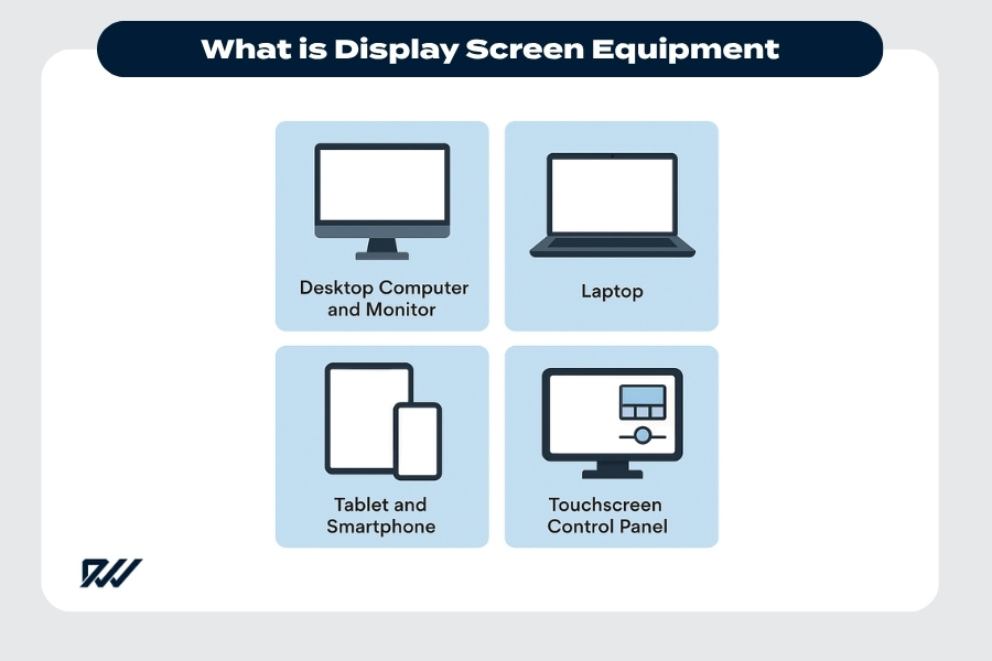 Infographic showing examples of display screen equipment including a desktop computer, laptop, tablet, smartphone and touchscreen control panel.