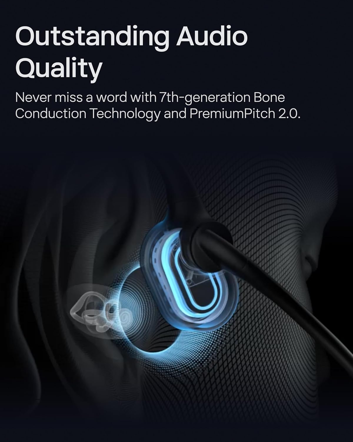Graphic showing Shokz OpenComm2 UC bone conduction technology with sound waves entering the ear
