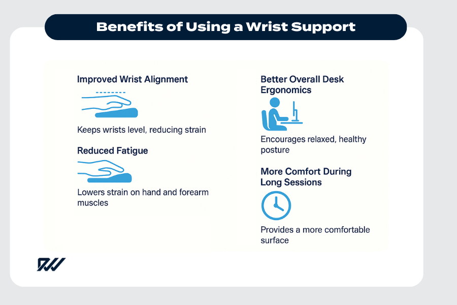 Infographic showing the key benefits of using a wrist support, including improved wrist alignment, reduced fatigue, better desk ergonomics, and greater comfort during long typing sessions.